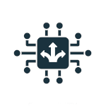 Icon of a robotic arm with a plus sign representing flexible robotic solutions for aerospace assembly lines.
