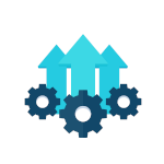 Icon of gears with upward arrows representing optimized machine utilization through tailor-made equipment solutions.