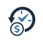 Icon of a stopwatch with a checkmark indicating lowered change-over time in agricultural equipment manufacturing.