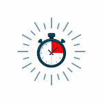 Icon of a stopwatch with downward arrows representing reduced cycle times in automotive manufacturing.
